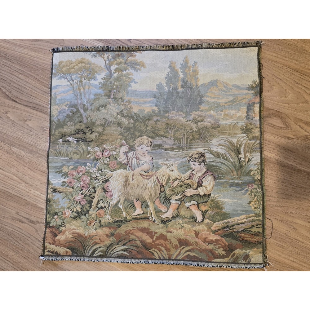 Italian Woven Tapestry With Goat‎ And Children. Pillow Or Wall Hanging. 19"x19"